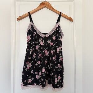 Y2K Floral Lace Trim Babydoll Cami Slip Top Black Pink Cottagecore Fairy Grunge
